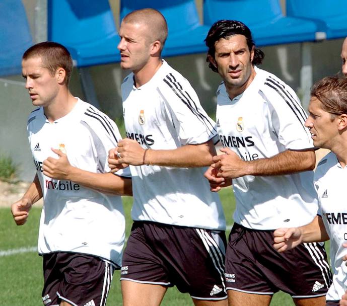 Michael Owen, David Beckham e Luis Figo durante un allenamento del Real (Ap)
